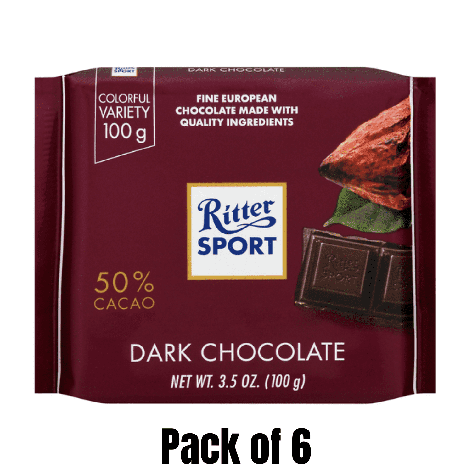 Ritter Sport Dark Chocolate Bar, 50% Cacao, 3.5 oz Bars, 6 Pack