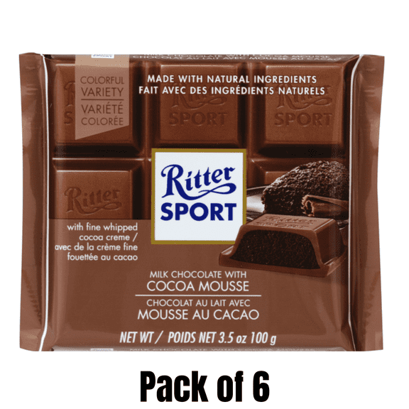 Ritter Sport Milk Chocolate Bar with Cocoa Mousse Filling, 3.5 oz Bars, 6 Pack