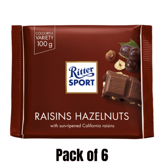 Ritter Sport Milk Chocolate Bar with Raisins and Hazelnuts, 3.5 oz Bars, 6 Pack