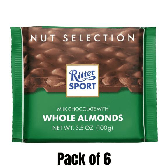 Ritter Sport Milk Chocolate Bar with Whole Almonds, 3.5 oz Bars, 6 Pack