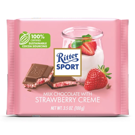 Ritter Sport Milk Chooclate Candy Bar with Strawberry Crème filling Chocolate Candy Bar – Authentic German Chocolate, Wrapped, 3.5 oz