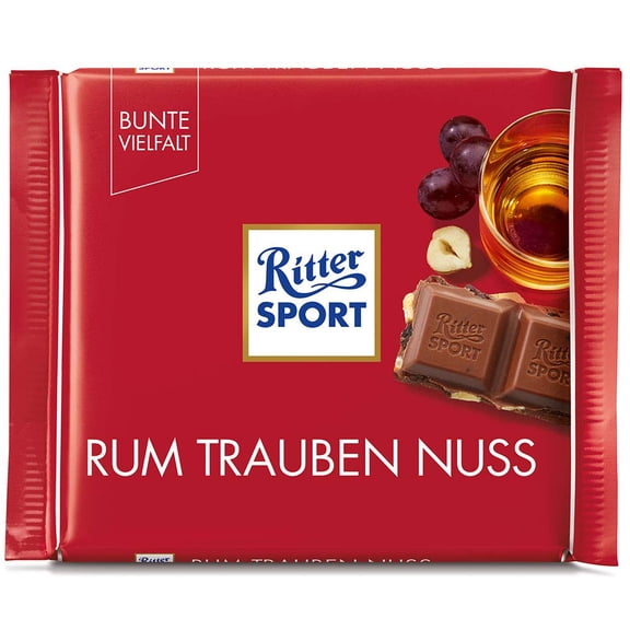 Ritter Sport Rum, Raisin & Hazelnuts Milk Chocolate 100g - Pack of 6