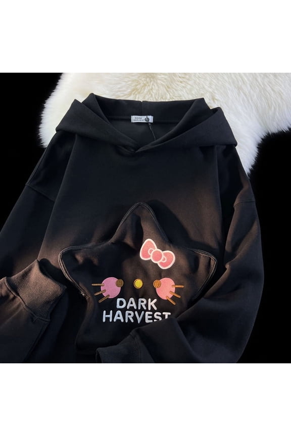 Fashionable Sanrio Hello Kitty Embroidered Anime Hooded Pullover Hoodie for Women - Brand New INS Star Pocket Design - Trendy 2K Girls Streetwear Sweatshirt Fashion Just in Time for Fall