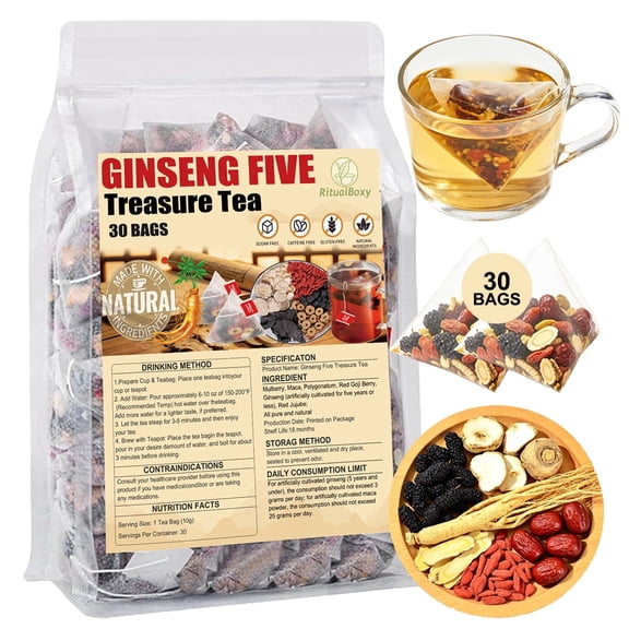 RitualBoxy Ginseng Five Treasures Tea 30 Packs, Herbal Tea Bags, Energy Support, Traditional Wellness Blend