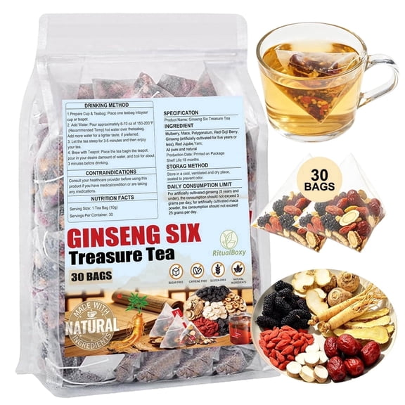 RitualBoxy Ginseng Six Treasure Tea Bags 30 Packs Herbal Tea Bags Value Pack Revitalizing Tea