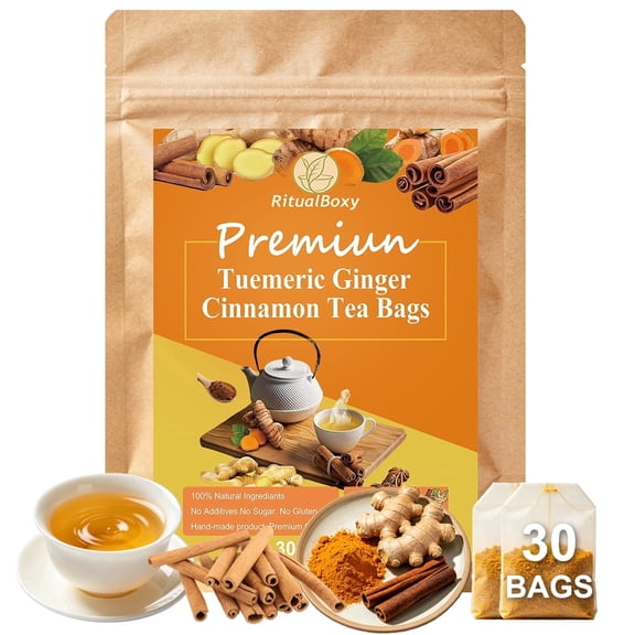 RitualBoxy Turmeric Ginger Cinnamon Tea Bags 30 Packs – Herbal Tea with Turmeric, Ginger, Cinnamon – Caffeine-Free Wellness Blend, Comforting & Cozy, Non-GMO
