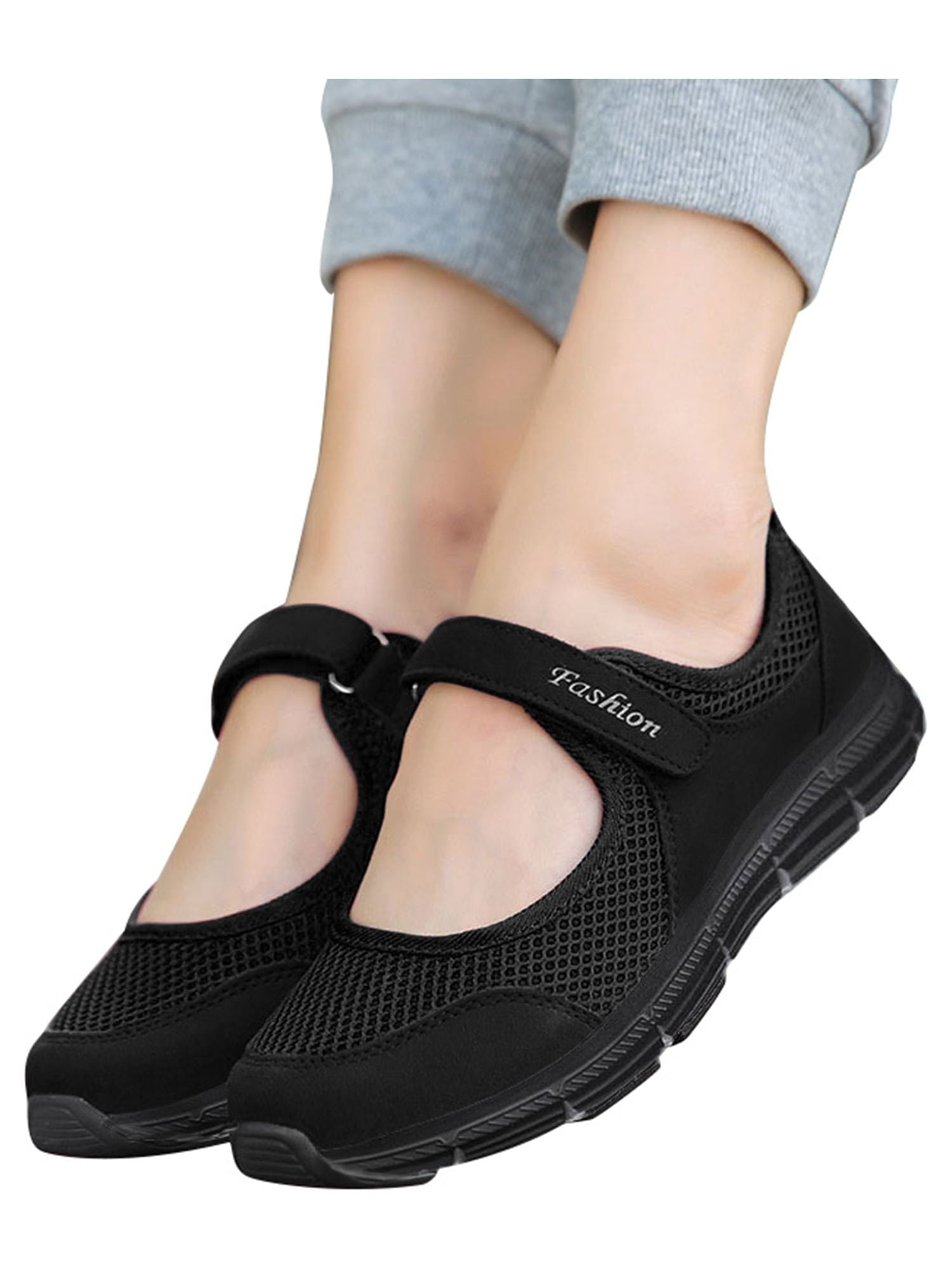 Ritualay Women s Walking Shoes Round Toe Flats Magic Tape Casual Shoe Nonslip Comfort Mary Jane Sneakers Work Running Low Top Black 10