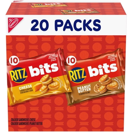 RITZ Bits Cheese and Peanut Butter Sandwich Crackers Variety Pack, Lunch Snacks, 20 Snack Packs