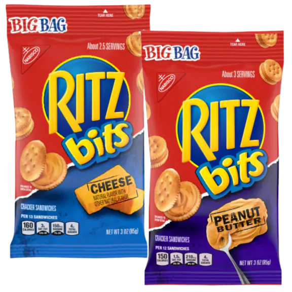 Ritz Bits Sandwich Crackers, 1 Peanut Butter, and 1 Cheese Flavor Crunchy and Bite-Sized Cracker, Great for Kids Lunchbox On the Go Snacking Halloween Trick or Treats Goody Bag Filler 3oz -2 Pack