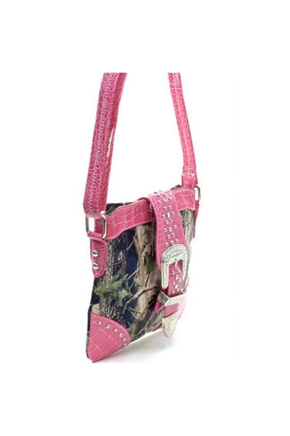 MS103-PK/CAM Western Camouflage Rhinestone Belt Buckle Accent Crossbody Messenger Bag Purse - Pink & Camo