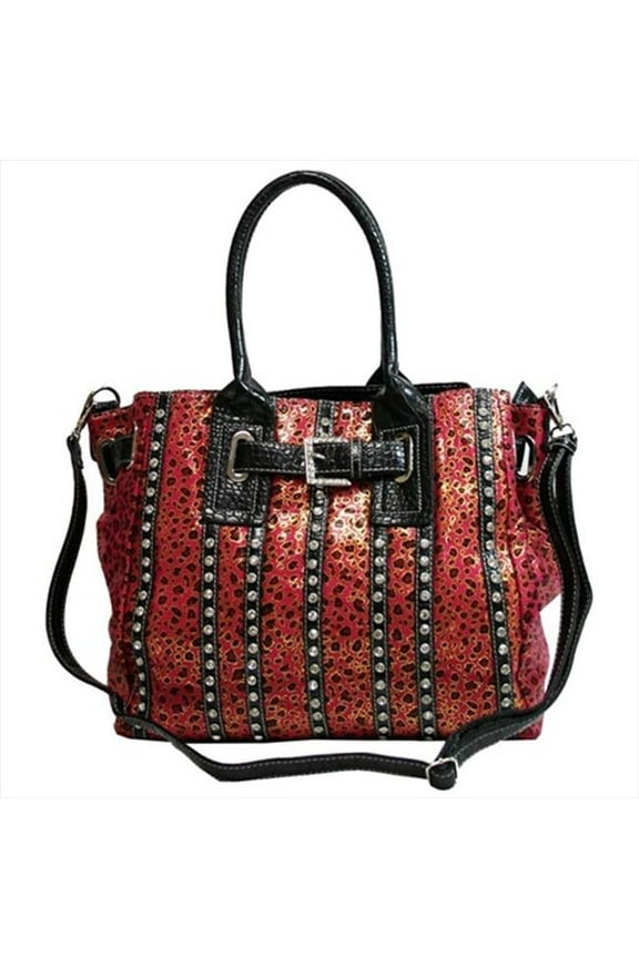 MS105-RS-Leopard Womens Belted Leopard Print Fashion Tote Bag Striped With Rhinestones- Rose