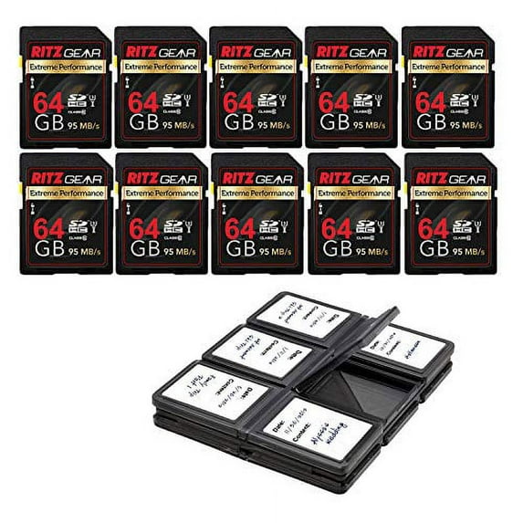 Ritz Gear Extreme Performance 64GB U3 Class-10 V30 SDHC Memory Card 10 Pack with Vivitar Memory Card Case