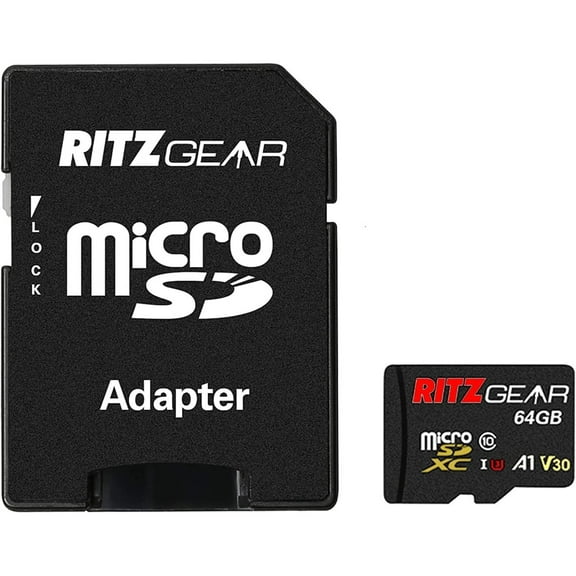 Ritz Gear 64GB Micro SD Card  UHS-I U3 A1 V30 C10 microSDXC for HD & 4K UHD + Adapter Included