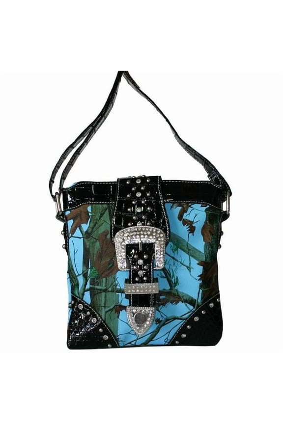 MS213-Blue-Cam Western Rhinestone Buckle Cross Body Messenger Bag - Blue & Camo