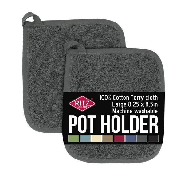 RITZ 2-Pack Terry Potholders & Hot Pads, Graphite – 100% Cotton, Heat Resistant, Durable & Machine Washable Kitchen Essentials