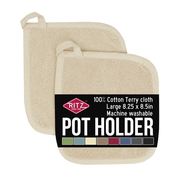 RITZ 2-Pack Terry Potholders & Hot Pads, Latte – 100% Cotton, Heat Resistant, Durable & Machine Washable Kitchen Essentials
