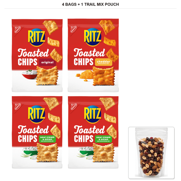 Ritz Toasted Chips Variety Pack, Cheddar, Sour Cream & Onion, & Original Crackers, 4 Bags with 1 Bybies Trail Mix Pouch, 2 oz