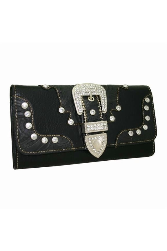 WB146-BK Western Rhinestone Bling Belt Buckle Trifold Wallet - Black