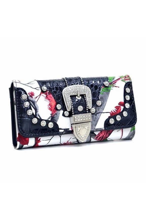 WB146-RD-CAM Camouflage Western Women Trifold Wallet Rhinestone Bling Buckle - Red & Camo