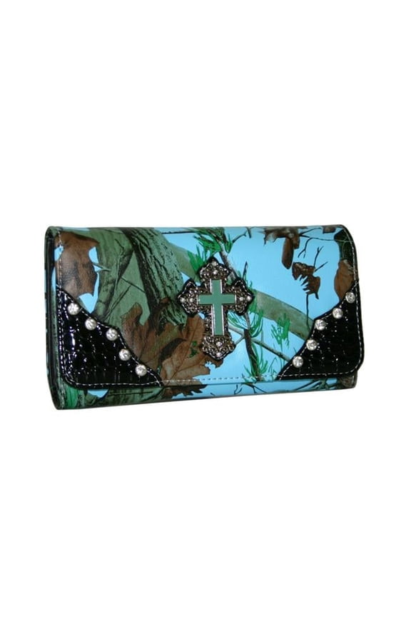 WC61-BLU-CAM 7.5 x 4.5 in. Western Camouflage Rhinestone Cross Wallet, Blue & Cam