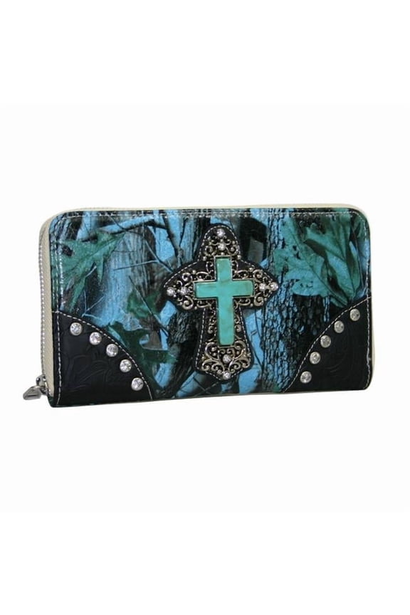 WC85-BLU-CAM Western Zip Around Camouflage Cross Wallet, Blue & Cam