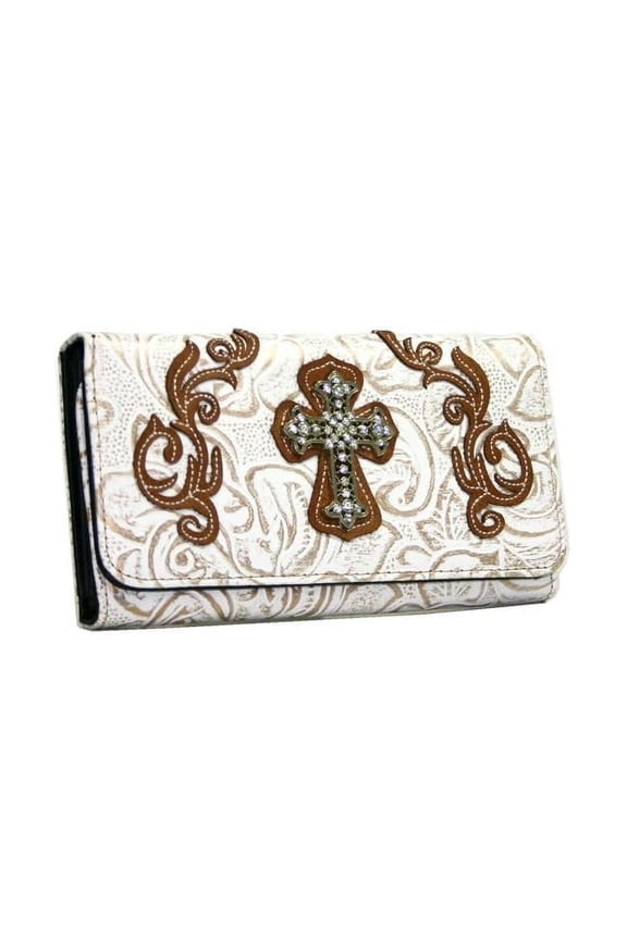WC99-WT-BRN Western Rhinestone Bling Cross Trifold Wallet - White & Brown Trim