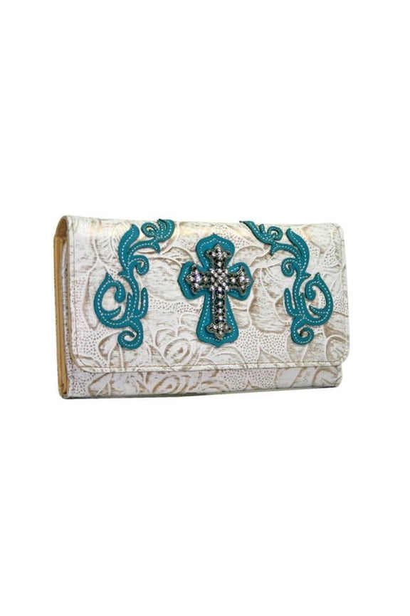 WC99-WT-TQ Western Rhinestone Bling Cross Trifold Wallet - White & Turquoise Trim