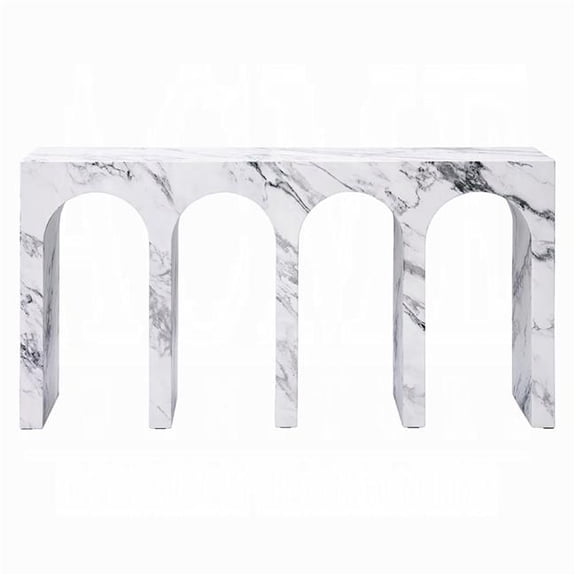 Ritzy Console Table, White Marble Faux Stone, Arched Design, 59 Inch