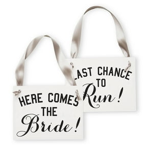 Ritzy Rose Funny Wedding Signs Set of 2 Ring Bearer + Flower Girl Signs Here Comes The Bride + Last Chance To Run