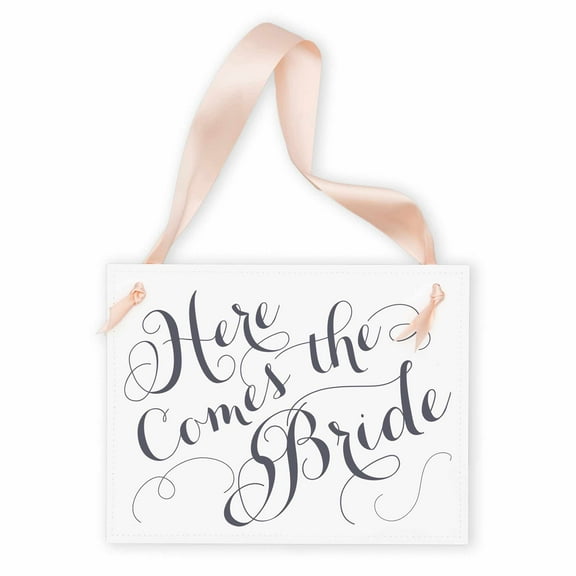 Ritzy Rose Here Comes The Bride Wedding Sign for Flower Girl + Ring Bearer White Paper Gray Ink + Blush Pink Ribbon