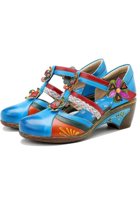 Women's Handmade Lambskin Retro Casual Sandals for Spring and Summer, Contrast 26D Color-blocking Flower Comfortable High-heeled Sandals for Women