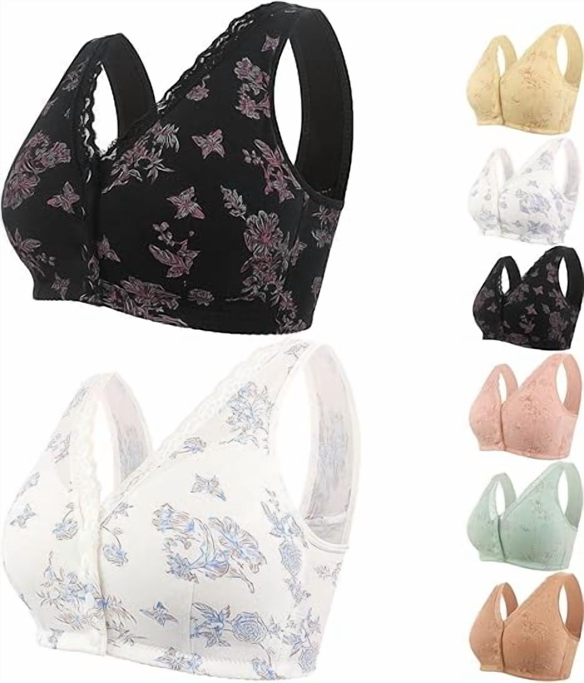 Rivastyle Bra Front Closure, Bras for Seniors Front Wrap Closure V-Neck Lace Cotton Bras for Older Women No Underwire(2PCS-B, 42)