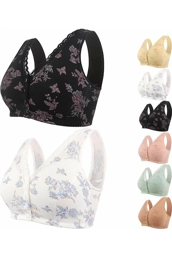 Rivastyle Bra Front Closure, Bras for Seniors Front Wrap Closure V-Neck Lace Cotton Bras for Older Women No Underwire(2PCS-B, 42)