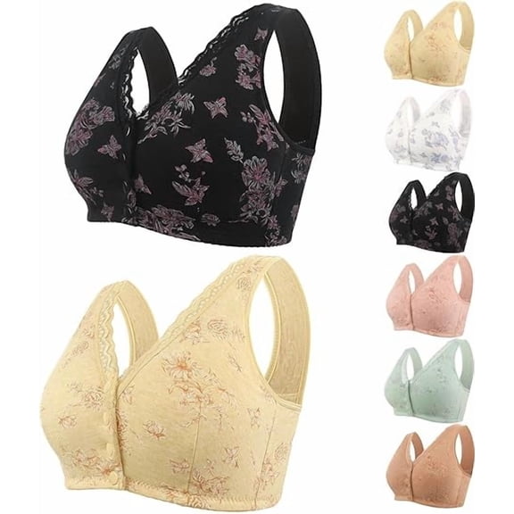 Rivastyle Bra Front Closure, Bras for Seniors Front Wrap Closure V-Neck Lace Cotton Bras for Older Women No Underwire(2PCS-D, 42)