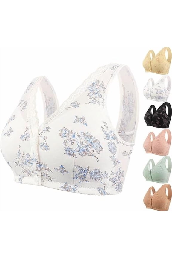 Rivastyle Bra Front Closure, Bras for Seniors Front Wrap Closure V-Neck Lace Cotton Bras for Older Women No Underwire(White, 46)