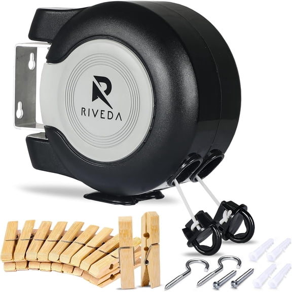 Riveda Retractable Double Clothesline with 24 Clothes Pins - Heavy Duty Clothes Line Indoor & Outdoor Laundry Line - (2 x 50 Feet) Dual Clothing line - Easy Installation (Black)