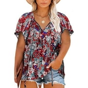 Rivelino Plus Size Boho Tops for Women Flutter Sleeve Blouse with Split Tie Neck Summer Blouse Shirts