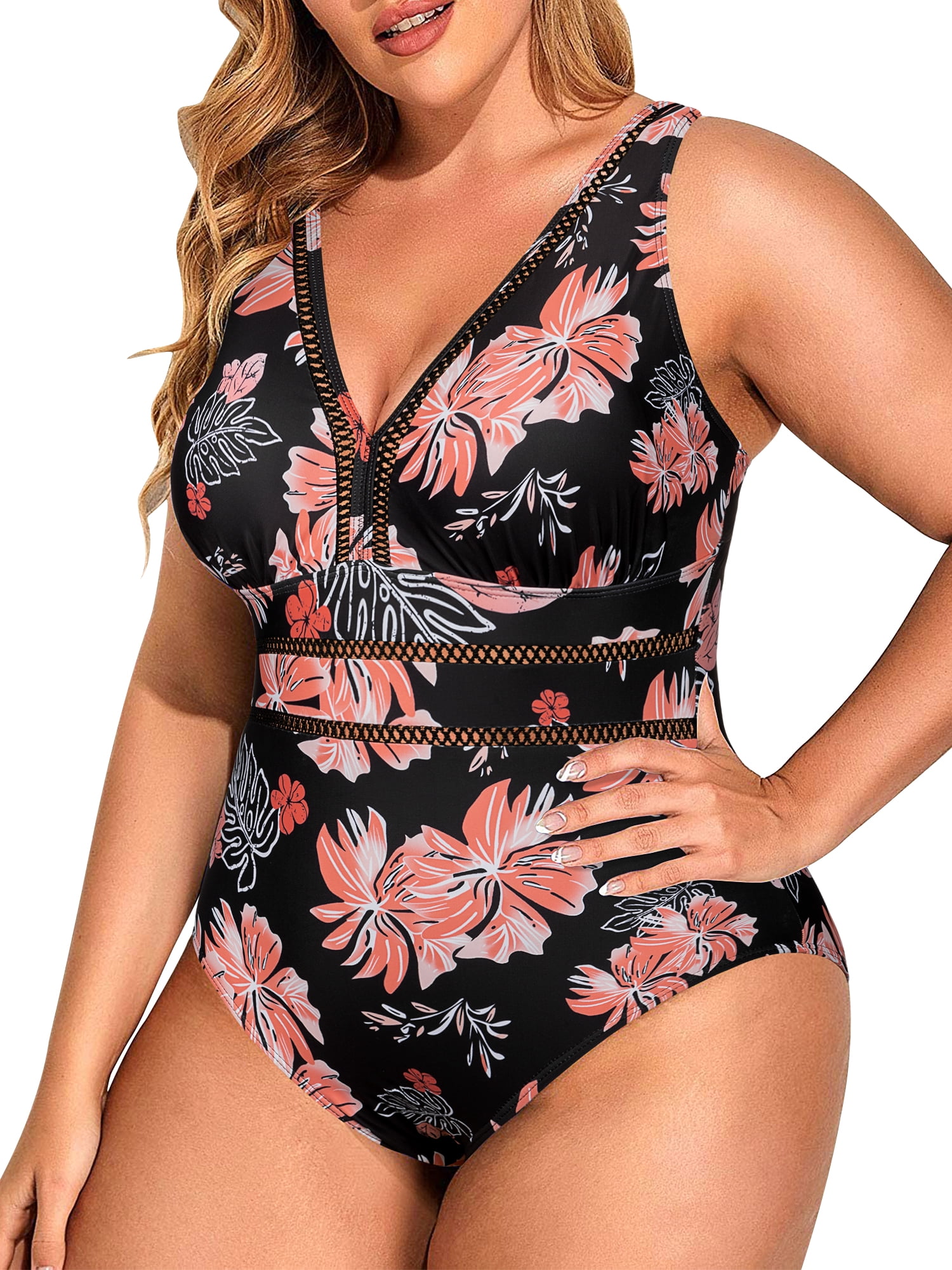 Yonique Plus Size High Waisted Bikini - Tummy Control Two-Piece Swimsuit, Black & Flower Print, Size 22 - View #9