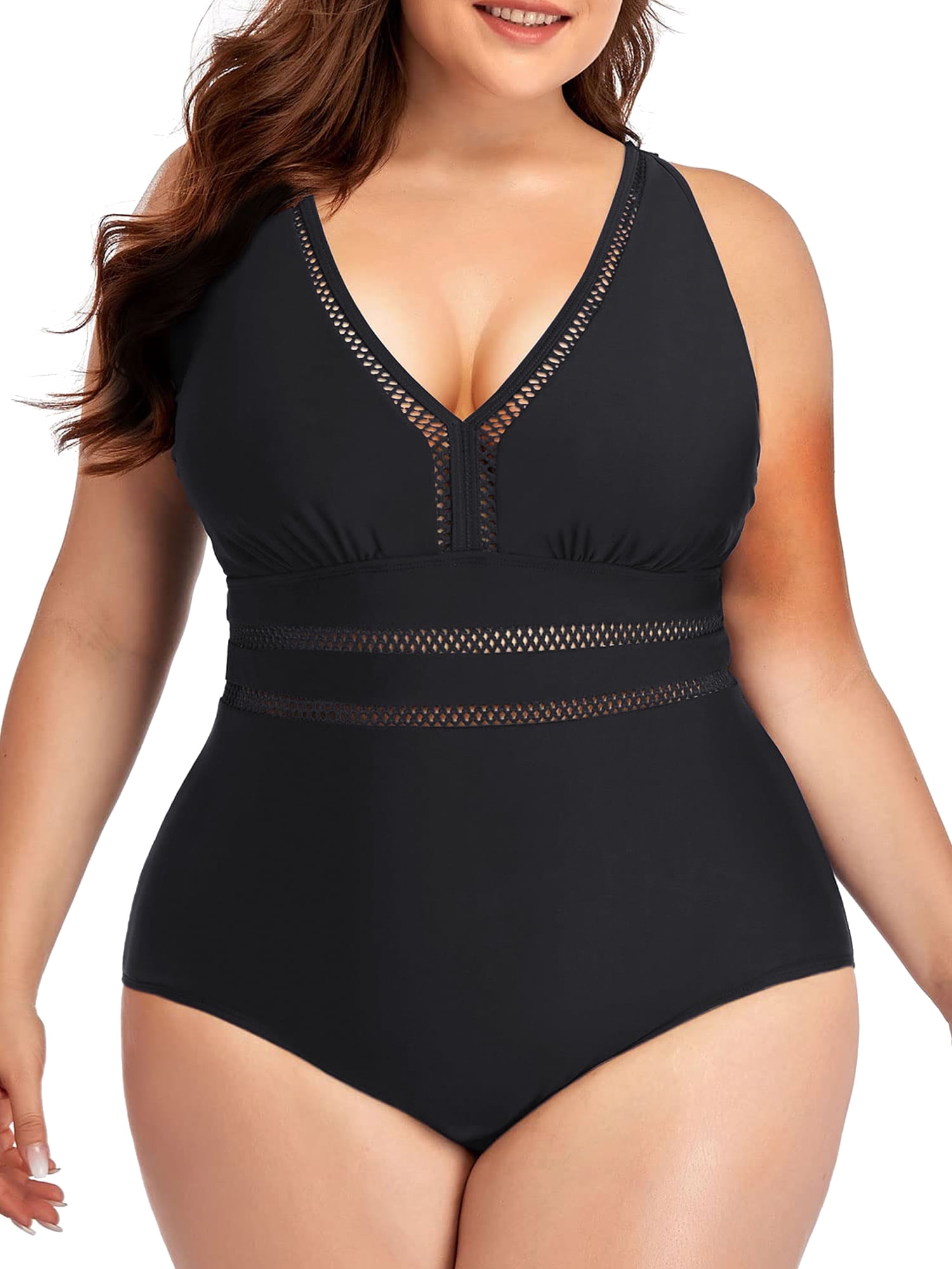Rivelino Plus Size One Piece Swimsuits for Women Sexy V Neck Backless Bathing Suit Mesh Sheer Tummy Control Swimwears