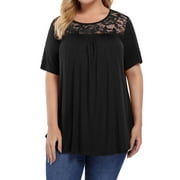 Rivelino Plus Size Summer Tops for Women Short Sleeve Hide Belly Shirts Lace Pleated Tunic Tops