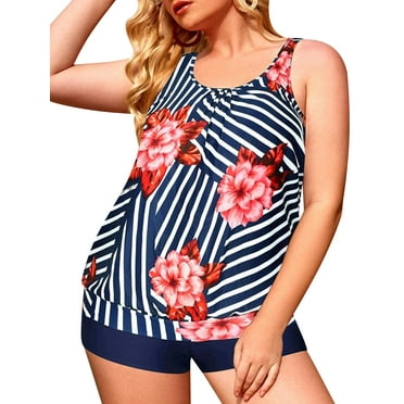 Rivelino Plus Size Tankini Swimsuits for Women 2 Piece Bathing Suits Blouson Tankini Tops with Swim Shorts