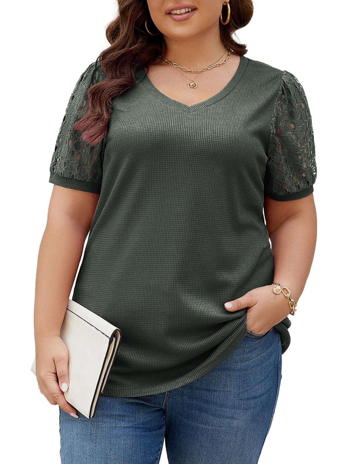 Rivelino Plus Size Tops for Women Short Lace Sleeve Waffle Knit