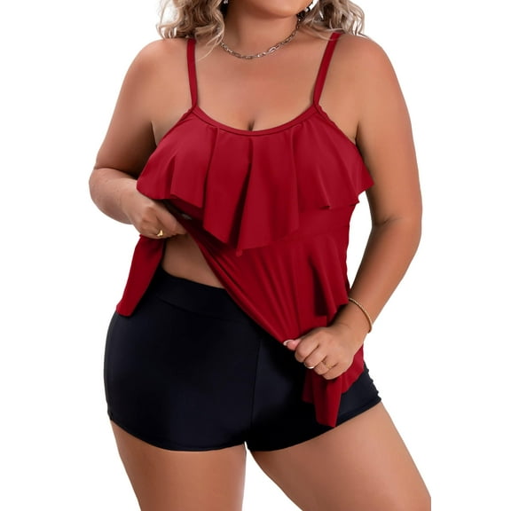 Rivelino Tankini Swimsuits for Women Plus Size Two Piece Tummy Control Bathing Suits Ruffle Flounce Swimwear with Shorts