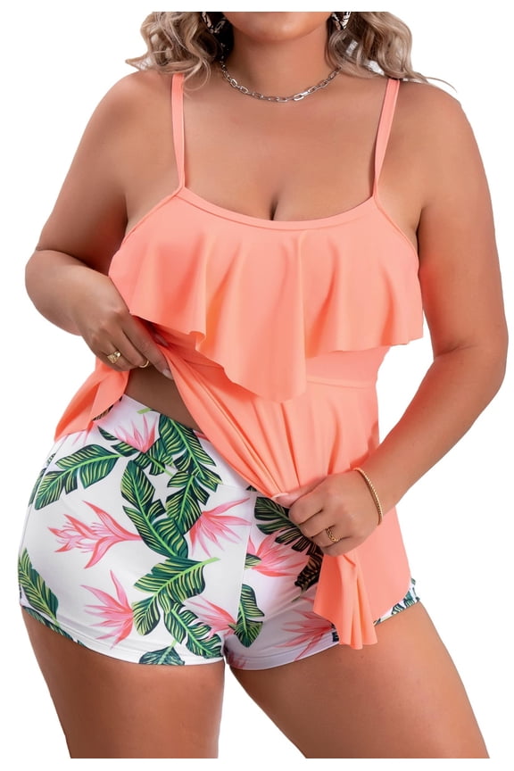 Tankini Swimsuits for Women Plus Size Two Piece Tummy Control Bathing Suits Ruffle Flounce Swimwear with Shorts