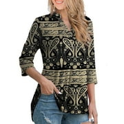 Rivelino Women Floral Printed Tunic Tops 3/4 Roll Sleeve V Neck Blouses Shirts
