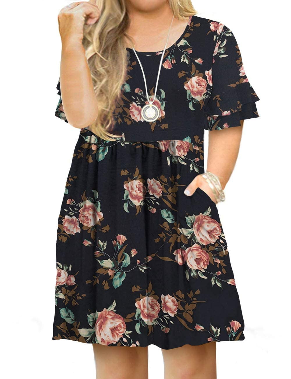 OVERWORETY Women's Plus Size Swing Sundress - Sleeveless T-Shirt Dress With Pockets, Leopard Pink - View #14