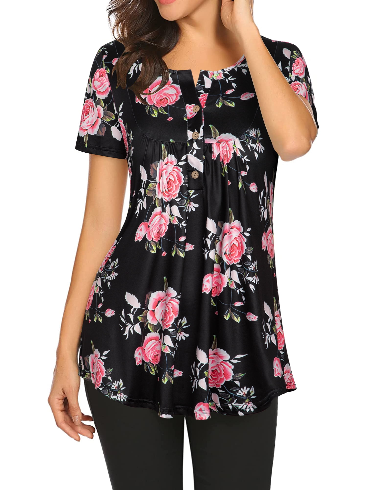 Women's Casual Short Sleeve V-Neck Henley Tunic Top - Loose Fit Button-Up T-Shirt In Soft Polyester Rayon Blend