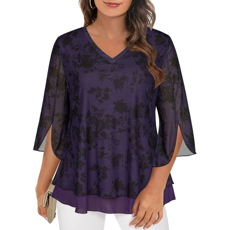 Chiffon Print 3/4 Sleeve V- neck Blouses Chiffon Print 3/4 Sleeve V- neck Blouses