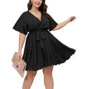 Rivelino Women's Plus Size Flutter Sleeve Dress Faux Wrap V Neck A-Line Swing Midi Dresses