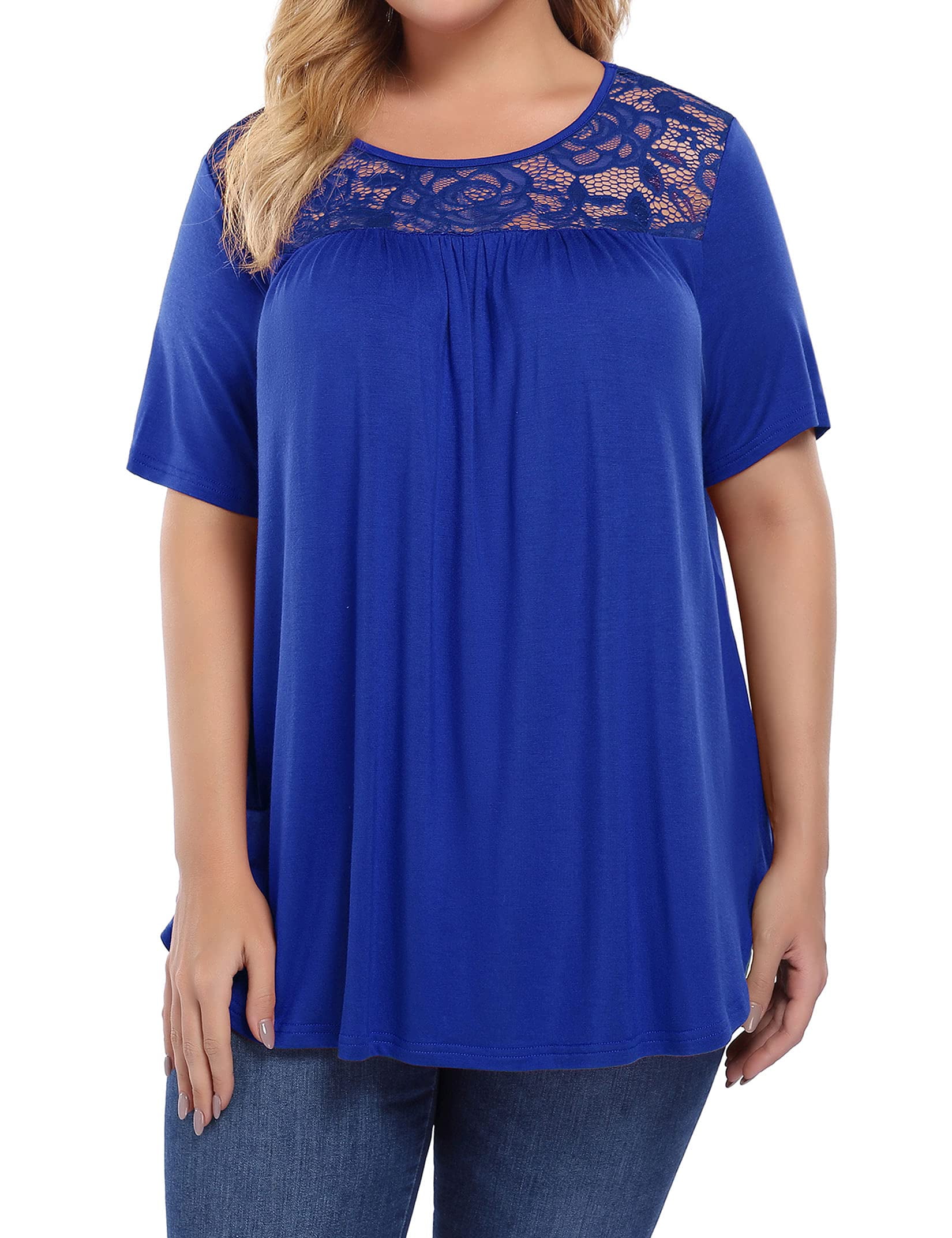 Rivelino Women's Plus Size Summer Tops Short Sleeve Shirts Lace Pleated  Tunic Tops Blouses 